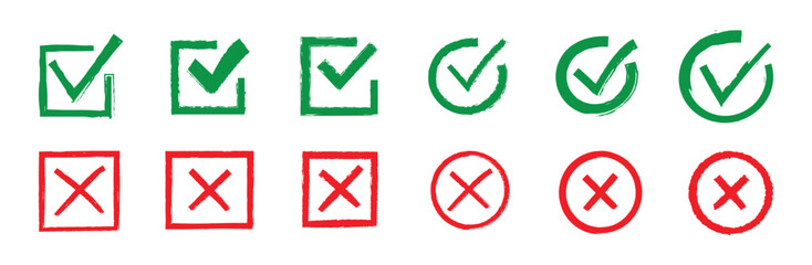 Set of grunge green checkmark set with circle,square.  Hand painted brush tick symbol design element. check mark/OK , symbols YES for vote, decision, election choice . Vector illustration.