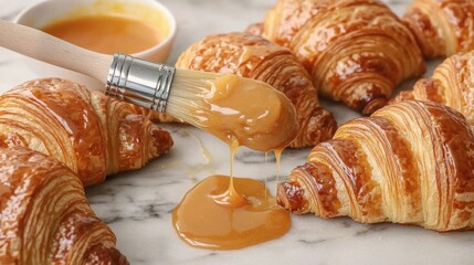 Pastry brush glaze application to golden croissants with dripping amber glaze on marble surface natural lighting professional food photography