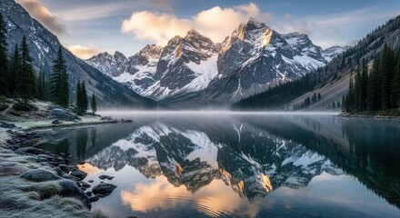 Majestic mountain range reflected in tranquil lake surrounded by evergreen trees scenery