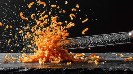 Orange zest scatter dispersing particles burst dark slate surface metal grater tool citrus preparation fragments dramatic motion culinary dynamics kitchen