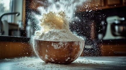 Flour cloud burst from wooden bowl creating dramatic white powder explosion with cascading particles frozen in midair against kitchen background