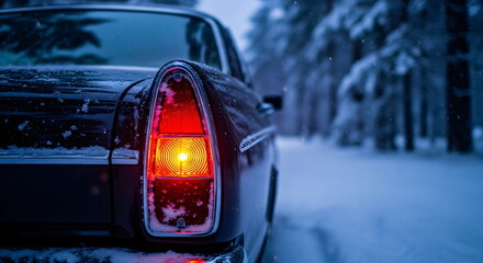 Car with brake light on a snowy road in a winter forest, cold weather travel and holiday season concept footage.