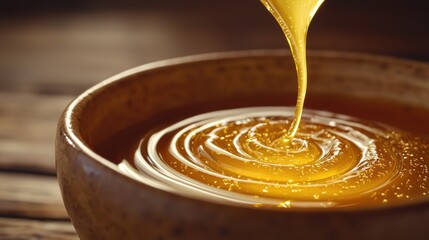 Honey drizzling flow viscous ribbon cascading into bowl forming concentric circles wooden background culinary motion photography