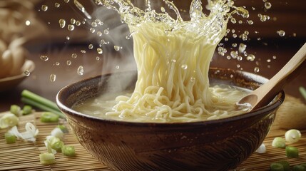Noodles dropping bowl Asian noodles clear broth dramatic splash ceramic bowl bamboo surface wooden spoon scattered green onion culinary action shot
