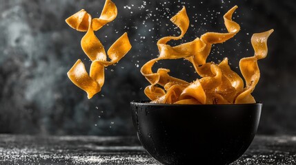 Noodles dropping bowl pappardelle pasta multiple layers motion flying descending water splashes air modern black bowl side lighting golden contrast