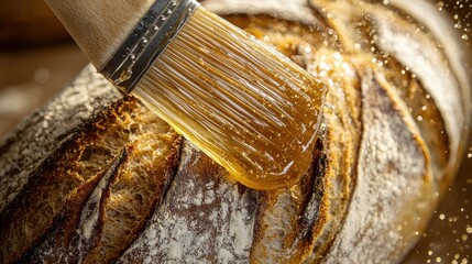Pastry brush glaze application honey artisan bread close-up macro bristles visible golden drizzle culinary technique baking process