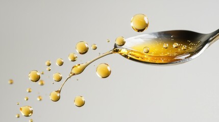 Honey drizzling flow liquid motion photography golden spheres mid-air spoon kitchen action dynamic droplets floating independently commercial