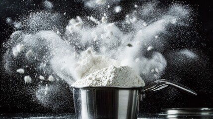 Flour cloud burst mid-air white all-purpose flour exploding from stainless steel measuring cup creating dramatic powder clouds against dark kitchen background with swirling patterns