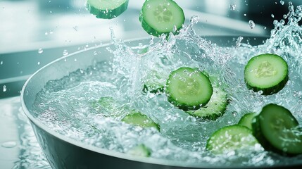 Cucumber water splash sliced rounds dropping into water bowl generating dramatic splash patterns frozen motion airborne droplets kitchen action photography