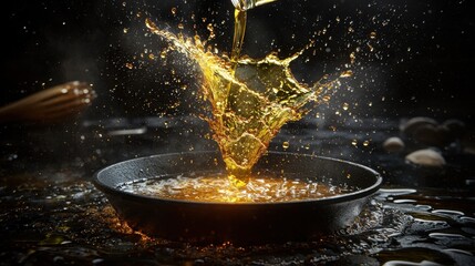 Oil splash freeze frame viscous golden liquid streaming into cast iron cookware with suspended droplets captured in high-speed kitchen action