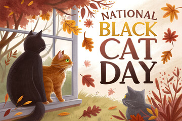 Cozy Autumn Illustration of Cats Looking Out a Window for National Black Cat Day, Surrounded by Falling Leaves