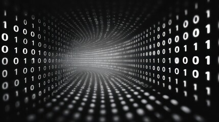 Binary code tunnel with glowing light at the end of the tunnel vision