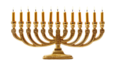Ornate golden menorah with lit candles