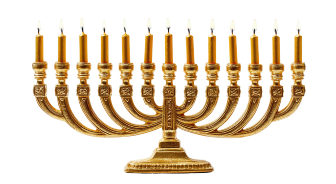 Ornate golden menorah with lit candles
