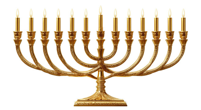 Gold menorah with lit candles (1)