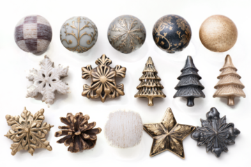 Collection of decorative Christmas ornaments including snowflakes trees and spheres arranged on a white background for holiday design