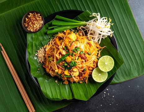 Colorful stir-fried rice noodles dish with fresh garnish