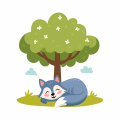 Sleeping fox under tree with transparent background