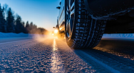 Car wheel with snow on a winter tire driving on a slippery road at night. Dangerous driving condition concept footage