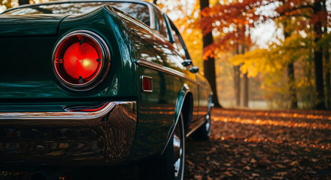 A classic car with its taillights on, parked on an autumn road covered in colorful fallen leaves, reflects off the wet asphalt. A vintage rarity. Autumn forest.