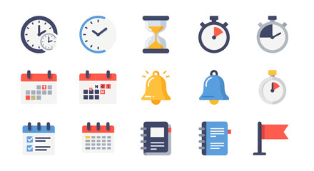 Time Management and Planning Icons, Business Office, Flat Vector Set, White Background, Minimal 2D Style, Innovation Concept