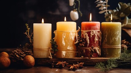 Rustic holiday candles with flames surrounded by natural decor on wood table. Christmas decor and craftwork, eco friendly, sustainable concept.