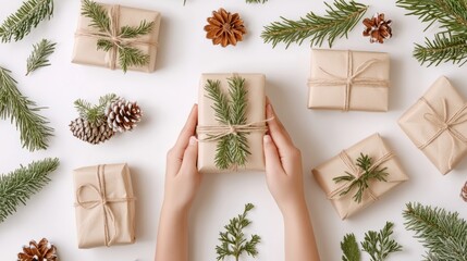 Hands holding eco-wrapped gift with pine decorations on festive white background. Christmas decor and craftwork, eco friendly, sustainable concept.