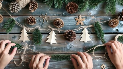 Handmade Christmas garland with pinecones and wooden trees on rustic table. Christmas decor and craftwork, eco friendly, sustainable concept.