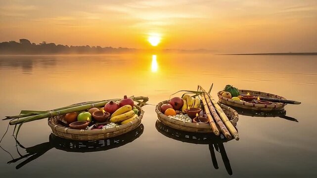 Chhath Puja festival offerings floating on water at sunrise