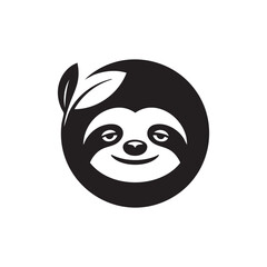 Cute Sloth Logo Design with Leaf in Minimal Black and White Style