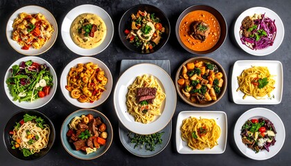 A visually appealing flat lay collection of diverse dinner meal ideas, featuring pasta, soup, steak, and vibrant salads