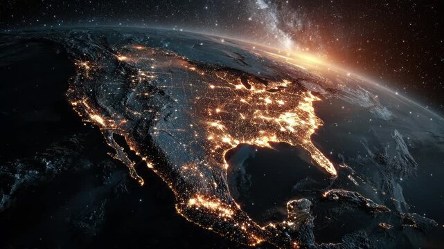 Aerial view of Planet Earth at night, showcasing bright city lights across North America from orbit. Global communication and human activity. Motioin design.	
