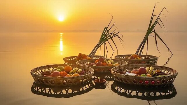 Sacred Chhath Puja offerings to the Sun God with sugarcane and fruits at sunrise