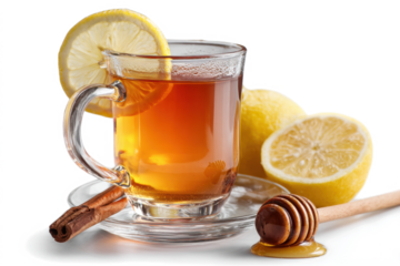 Hot tea with lemon and honey served in a glass cup a natural remedy for cold and flu