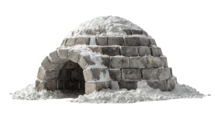 A stylized igloo, snow-covered, on a bed of snow