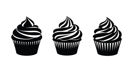 Three stylized black and white cupcakes with swirled frosting in a clean graphic silhouette