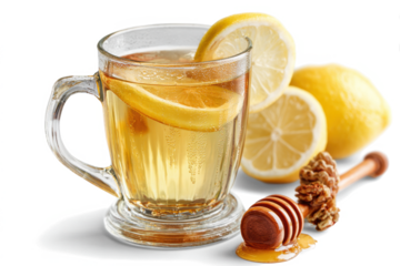 Hot lemon and honey drink in a glass mug a natural remedy for colds and flu isolated on white background