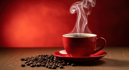 Steaming hot red coffee cup with beans and red background warm morning beverage