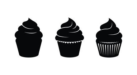 Three stylized black silhouettes of frosted cupcakes arranged in a row against a white background silhouette