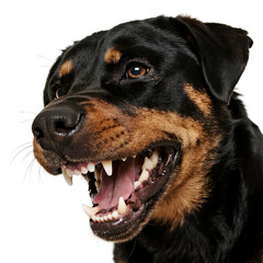 Obraz premium Close-up shot of a Rottweiler dog with its mouth open, displaying sharp teeth and a black and brown coat.