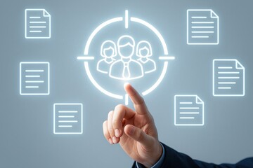 Hand Pointing at Digital Target with People Icon and Document Symbols Representing Business Strategy and Focus