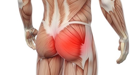 Anatomical illustration of the gluteal muscles and hip region from a posterior angle, highlighting pain or inflammation in the buttocks, commonly linked to muscle strain, injury, or sciatic nerve issu
