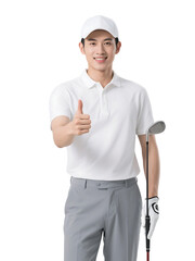 A young man in a white golf outfit gives a thumbs up while holding a golf club, indicating a positive golfing experience.