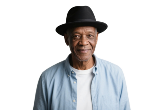 An elderly man in a hat and light blue shirt is posing, showcasing a relaxed and composed appearance.