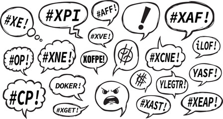 Hand drawn speech bubbles with exclamation marks and hashtags representing communication and online conversation