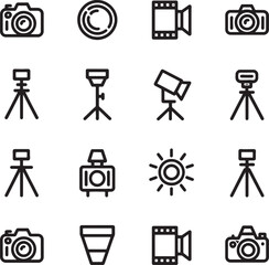 Photography Equipment Outline Icons Including Camera Tripod Lens and Studio Light
