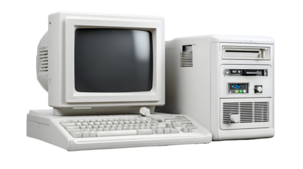 Vintage personal computer setup with bulky crt monitor and floppy disk drive