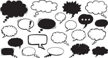 Collection of hand drawn speech bubbles and thought clouds in black and white for communication and ideas