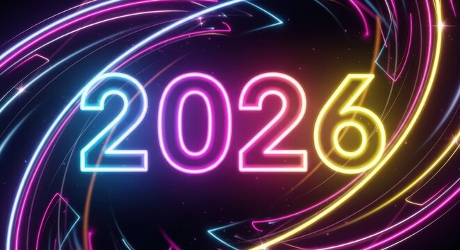 Vibrant neon 2026 year design glowing number illustration with colorful light trails perfect for new year celebrations and futuristic themes - Powered by Adobe