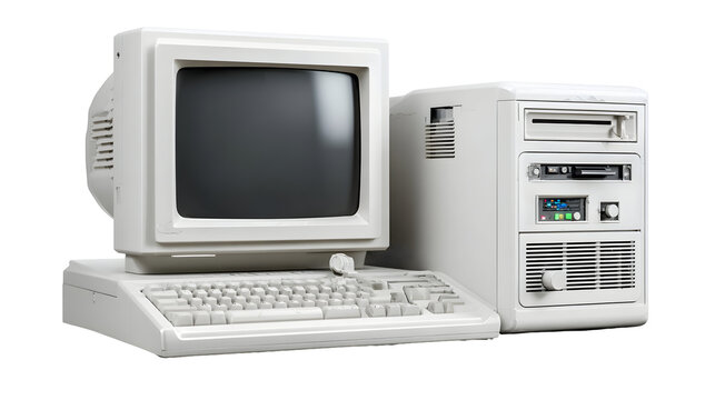 Vintage personal computer setup with bulky crt monitor and floppy disk drive
